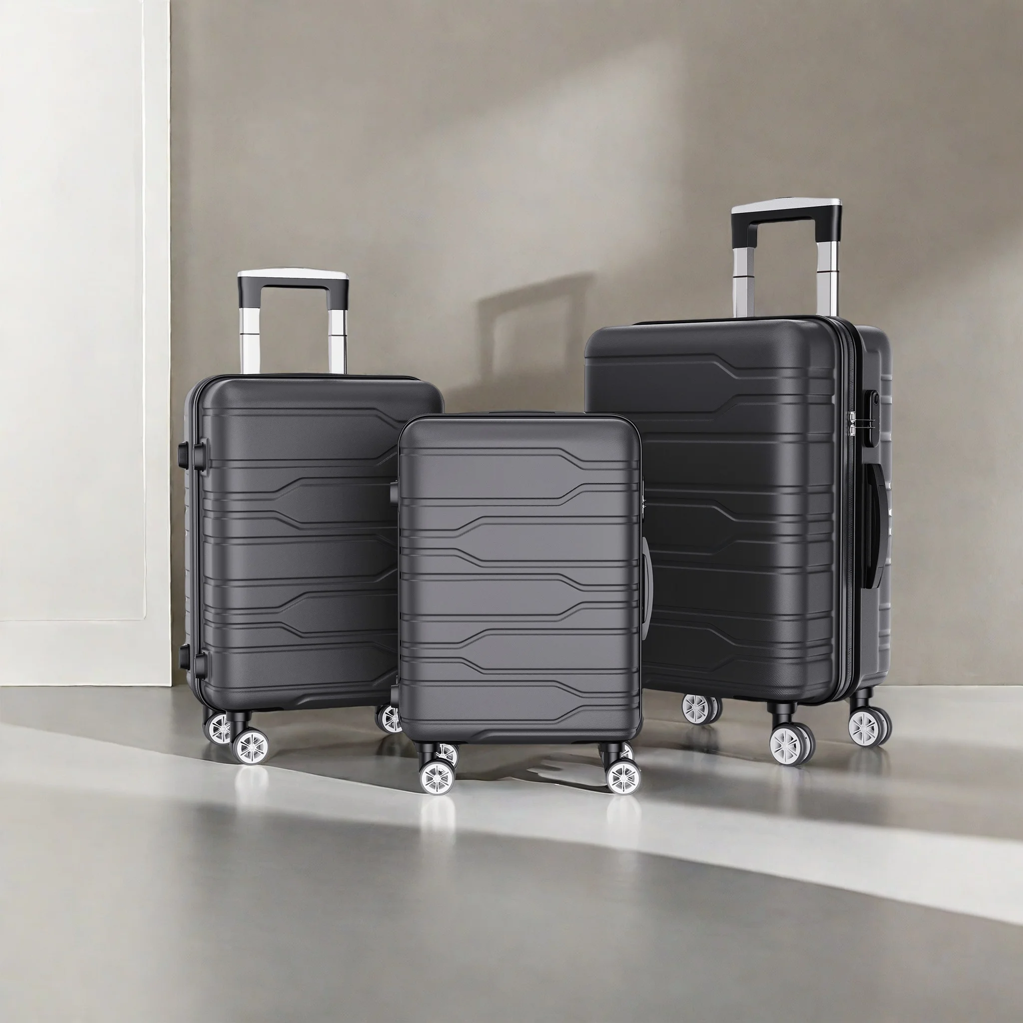 Anajqaqia 20/24/28-inch bagage 3-delige set, ABS trolleykoffer met slot, met zwenkwielen en telescopisch handvat, zwart