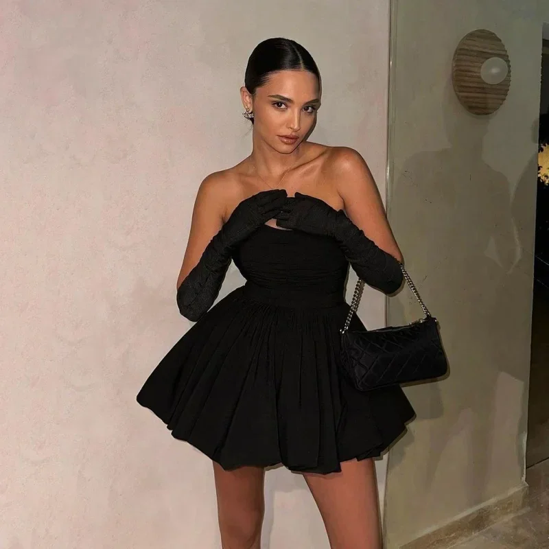 Customized Short Black Strapless Homecoming Party Evening Dress For Women 2024 Above Length Ruched Cocktail Dresses With Gloves