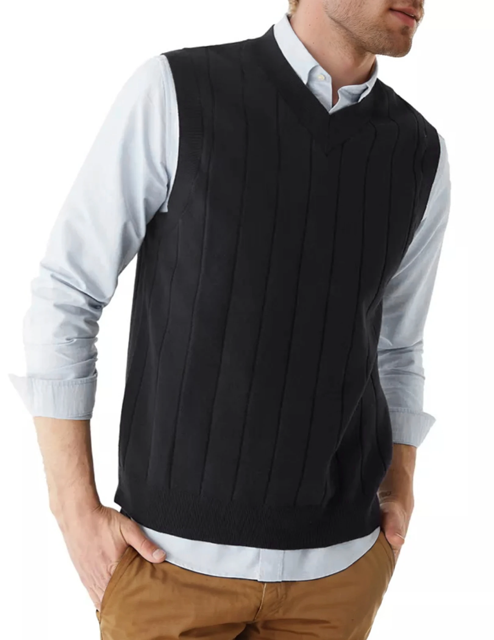 Men's V-Neck Striped Pullover Sweater Vest - Stylish Classic Design, Comfortable & Warm, Ideal for Business and Casual Occasions