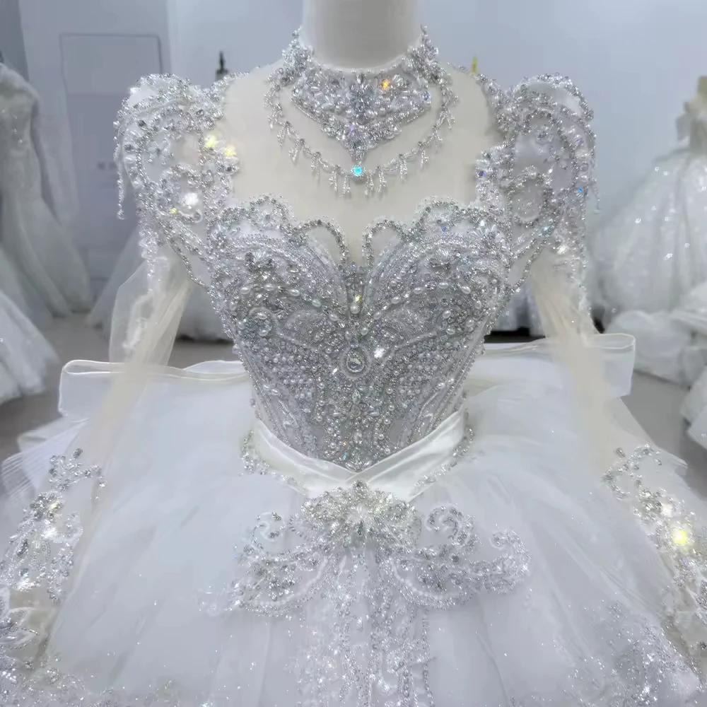 민속 결혼식용 긴팔 하이넥 웨딩드레스, 레이스업 백, 볼 가운, 티어드 비딩 보우 브라이덜 드레스