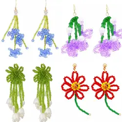 Temperament Handmade Purple Beaded Flower Earrings for Woman Cute Colorful Earrings Jewelry