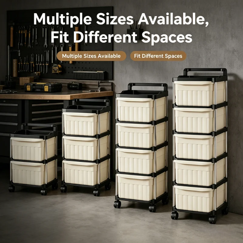 2/3/4/5-tier mobile garage tool storage cart, rolling drawer organizer, beige drawers with anti-drop clips and raised edge top tray, multipurpose trays, sturdy stainless steel frame storage cart, with lockable 360° swivel casters, great for organizing har