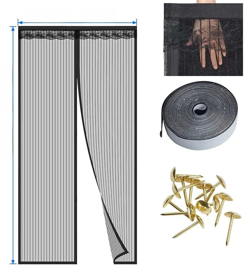 Rideau magnétique d'été en maille sur la porte, moustiquaire, anti-mouches et insectes, fermeture automatique, taille personnalisable