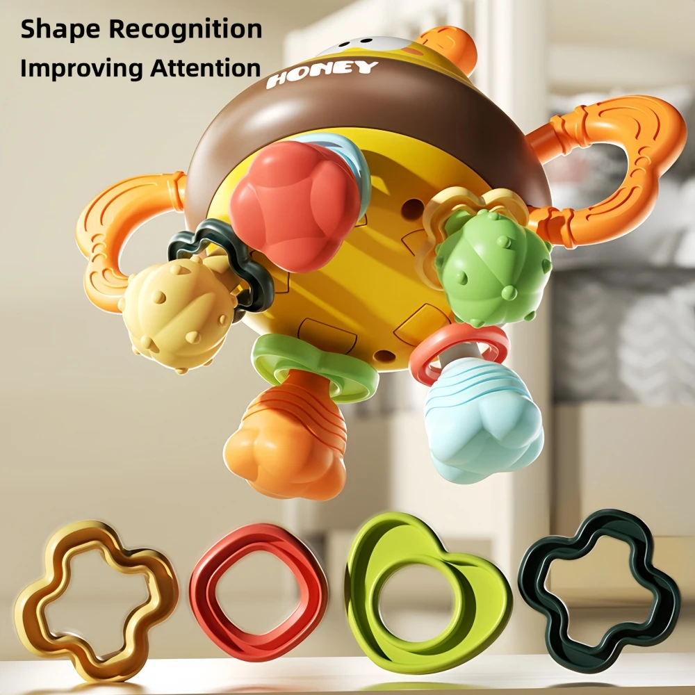 Cartoon Bee Hand Rattle Manhattan Ball Toy, Teether-Rattle-Grasping Ball 3-in-1, Suitable for 1-3 Year Old Infants and Toddlers