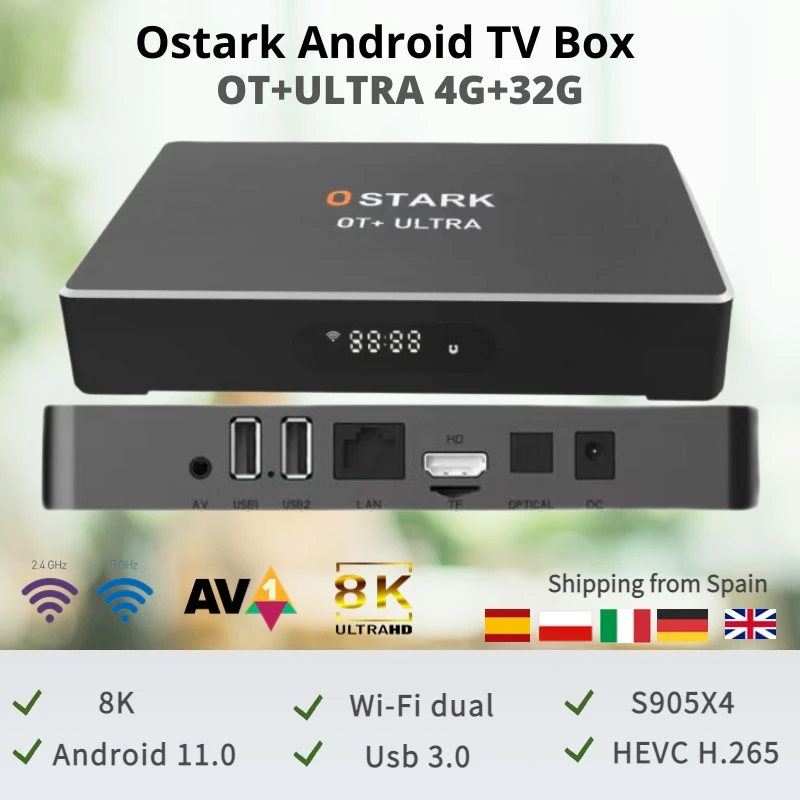 Ostark TV BOX OT + Ultra 8k,OT5 OT3 Android 11.0 , amlogic s905x4, 4G + 32G, rj45 ethernet multimedia,Quad-Core WIFI dual 2,4G + 5G integrated, AV1 H265 HEVC, STALKER, XTREAM, YOUTUBE, shipping from Spain