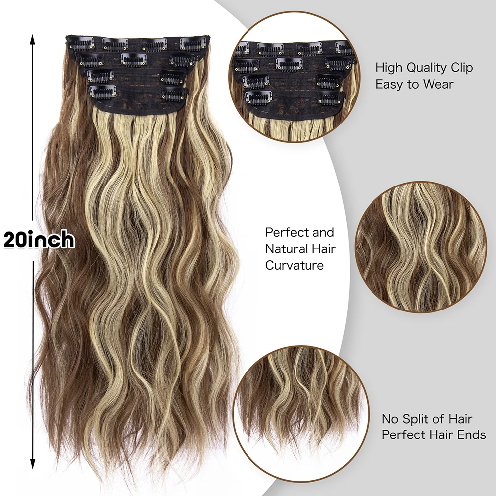 Leeons Thick Long Wavy 11 Clip In Hair Extension Long Curly Brown Black 4 Pcs/Set 20 Inch Synthetic Hair Piece For Woman 200G