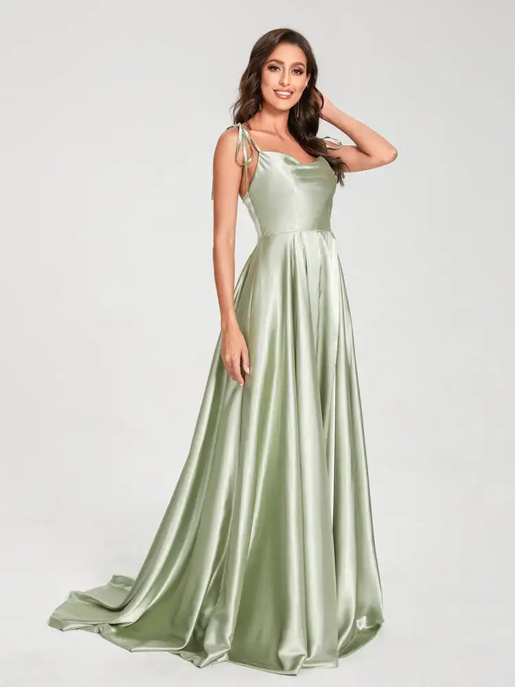 Women Spaghetti Strapss Satin Prom Dresses With Split Side backless Long Party Dresses with Pockets Elegant Formal Gowns