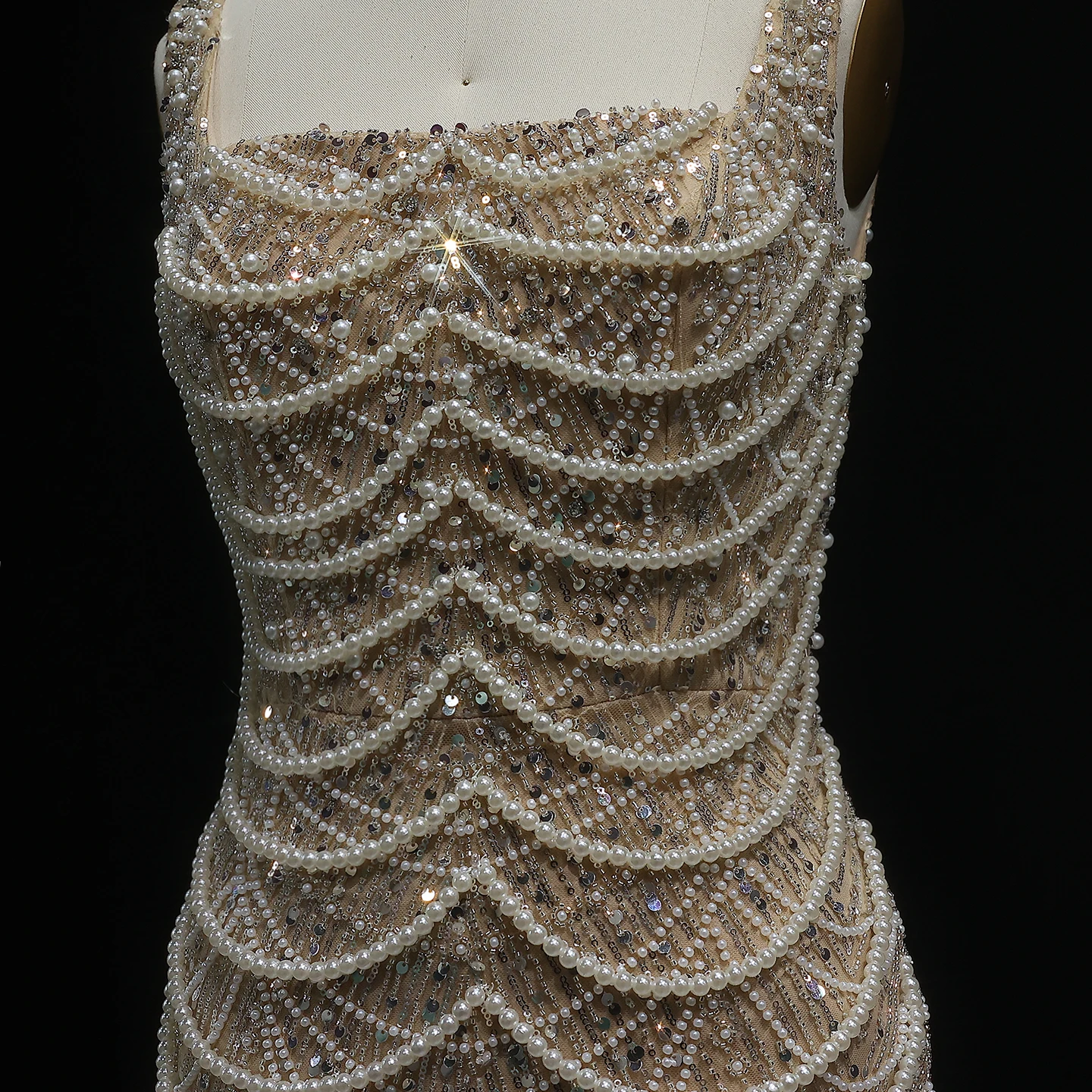 Sharon Said Luxury Pearls Sheath Nude Evening Dress for Women Spaghetti Straps Long Dubai Wedding Party Gowns SS682 Customized