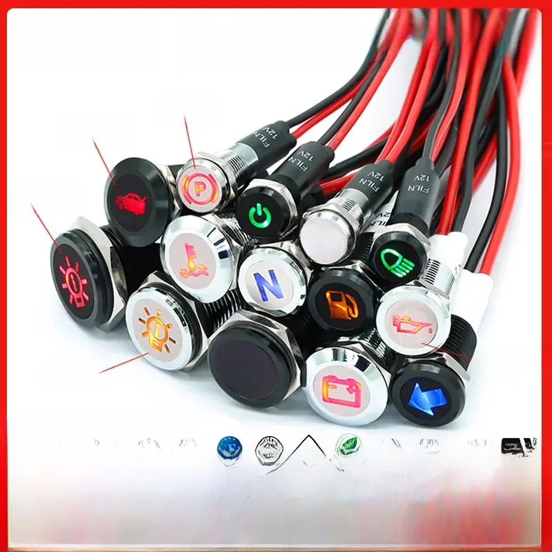 FILN tableau de bord voyant pilote avec fil symbole LED 12V 24V indicateur métallique 8/10/12/14/16mm indicateur lumineux voiture tableau de bord rond machines