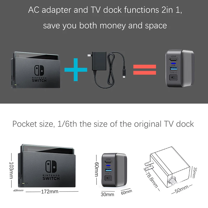 NS-Switch AC 어댑터 충전기 TV 변환 도크, 4K HD HDMI 호환 출력, USB 3.0, C타입 PD 고속 충전, 스위치 콘솔용