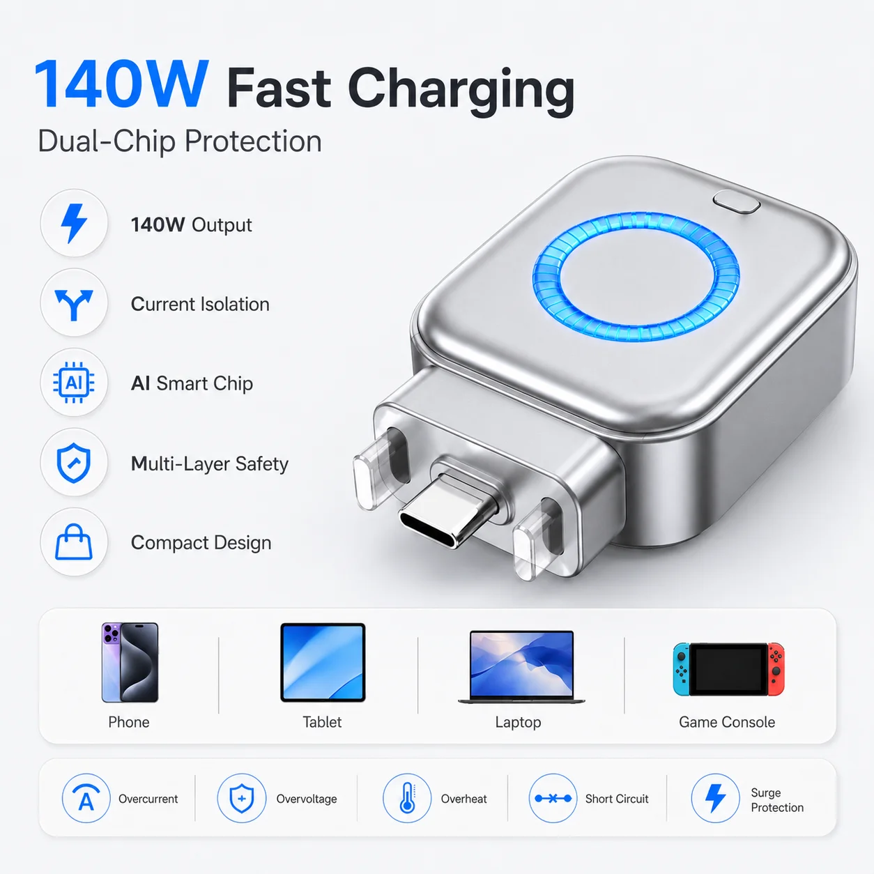 For Type-C Devices AI Intelligence Full Charge Auto-Disconnect Charging Adapter 140W Fast Charge Safety Separator Automatically