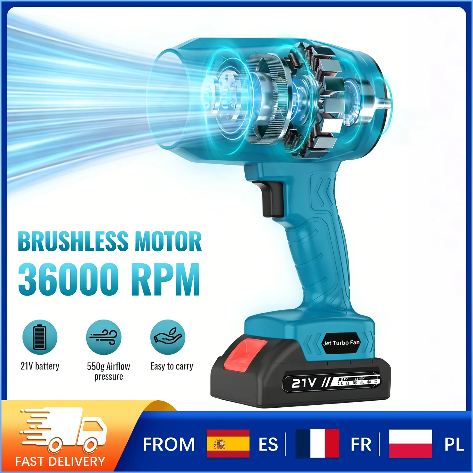 Souffleur d'air turbo sans fil haute vitesse 36000 tr/min 380W, pistolet à air rotatif pour lavage de voiture, vitesse réglable, pour dépoussiérage, soufflage de feuilles et de neige