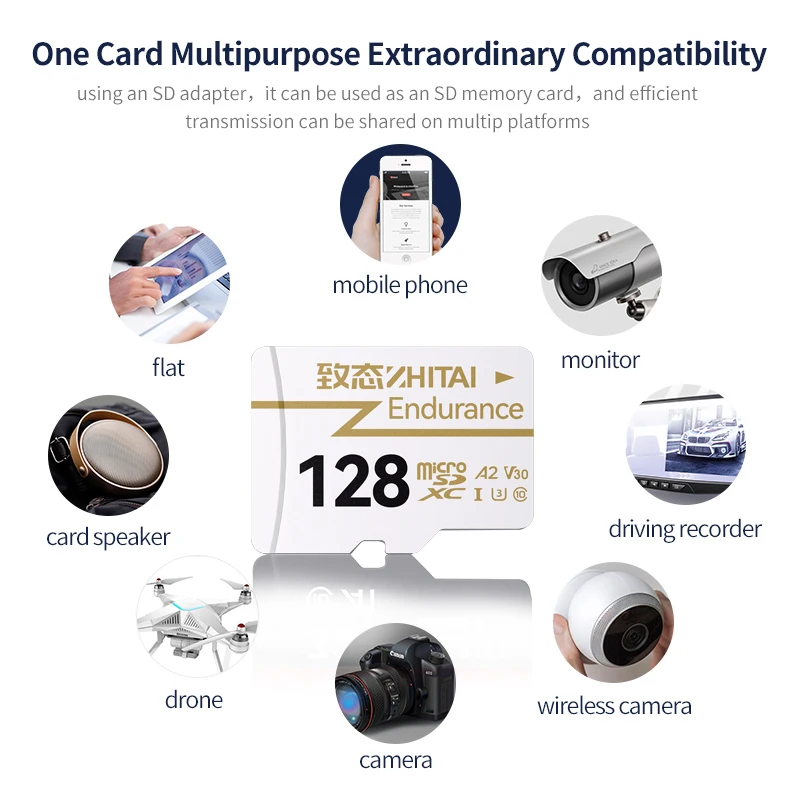 بطاقة Zhitai Endurance Micro SD A2 U3 V30 Microsd TF بطاقة 128 جيجابايت 64 جيجابايت 256 جيجابايت بطاقة ذاكرة فلاش Microsd لمراقبة الفيديو 100 ميجابايت