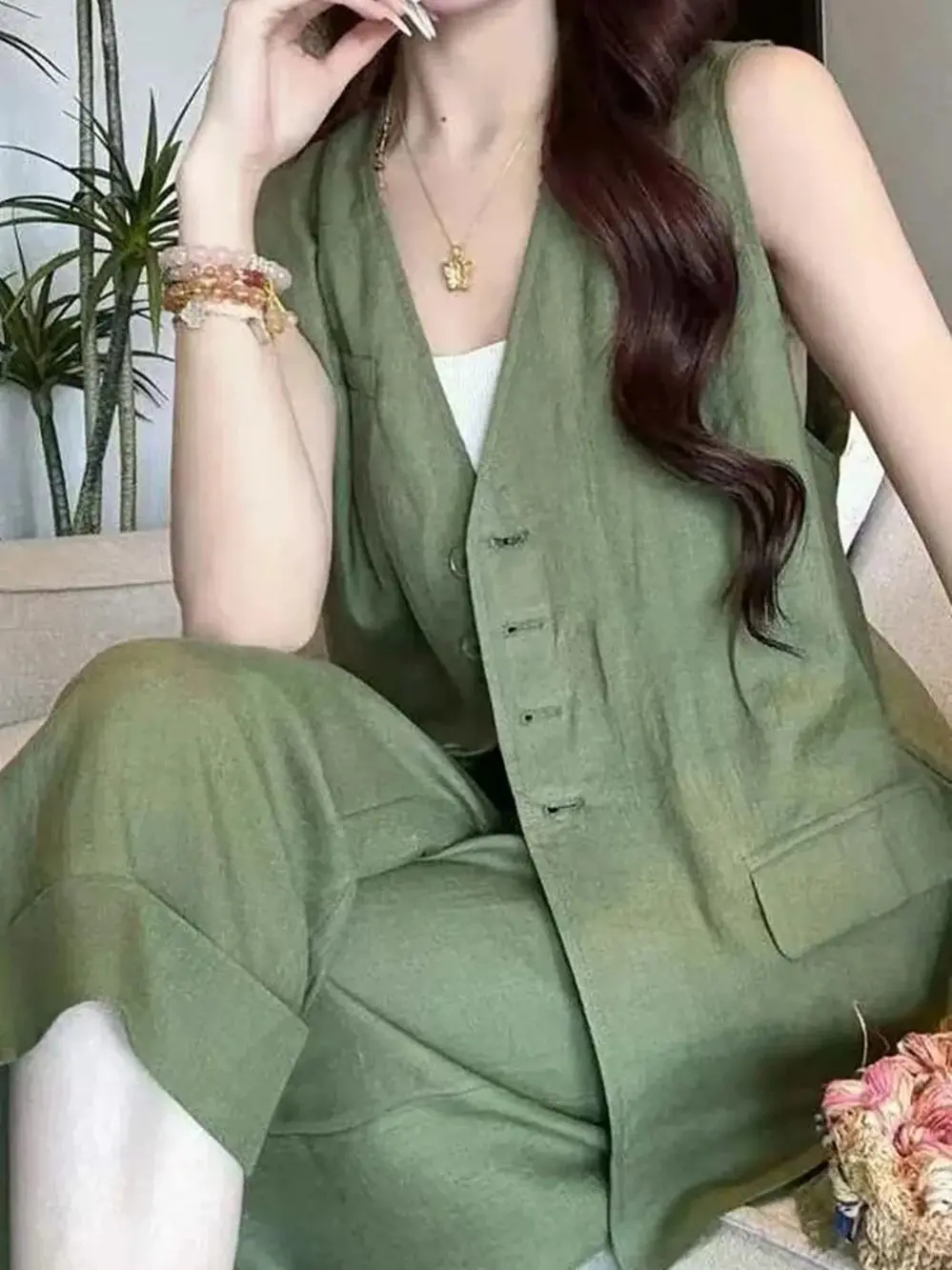 

Women's summer high quality solid color 100% linen trouser suit