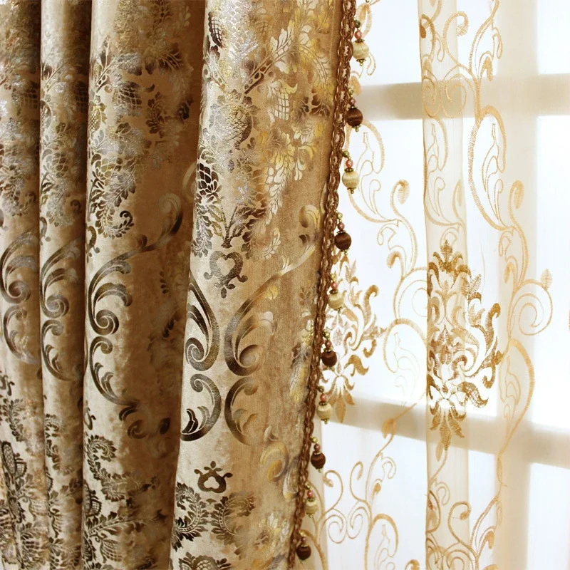 Gestickte luxuriöse goldene Vorhänge für Wohnzimmer vorhänge für Schlafzimmer europäischer