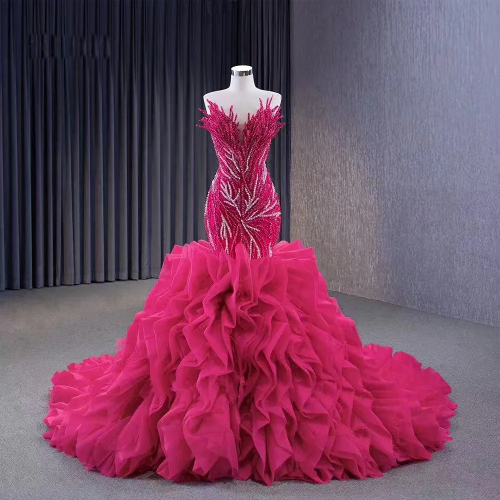 Vestido De Gala Noche Mujer Sweetheart Mermaid Evening Dress Beaded Lace Rose Red Long Ruffles Dress For Special Occasions