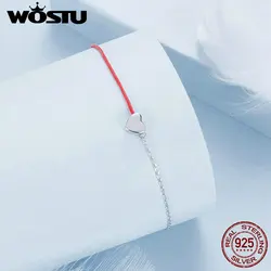 WOSTU 925 Sterling Silver Heart Red Rope Bracelet for Women Girls Adjustable Chain Fine Jewelry Dating Birthday Gift