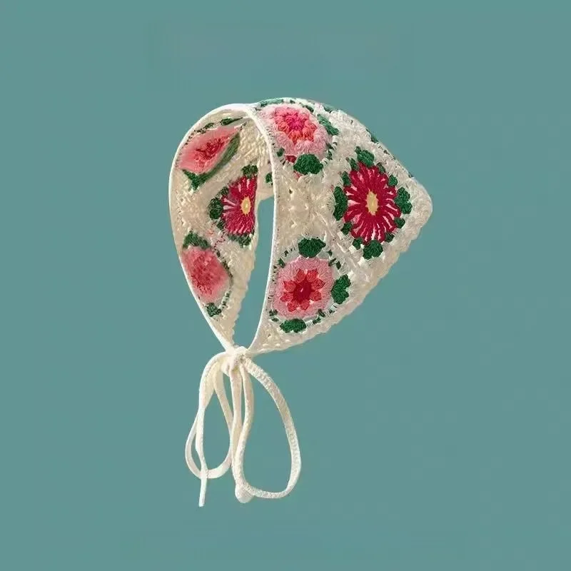 Coréen doux mignon à la main Crochet creux Triangle bandeau serviette femmes printemps et été voyage littéraire Photo cheveux écharpe