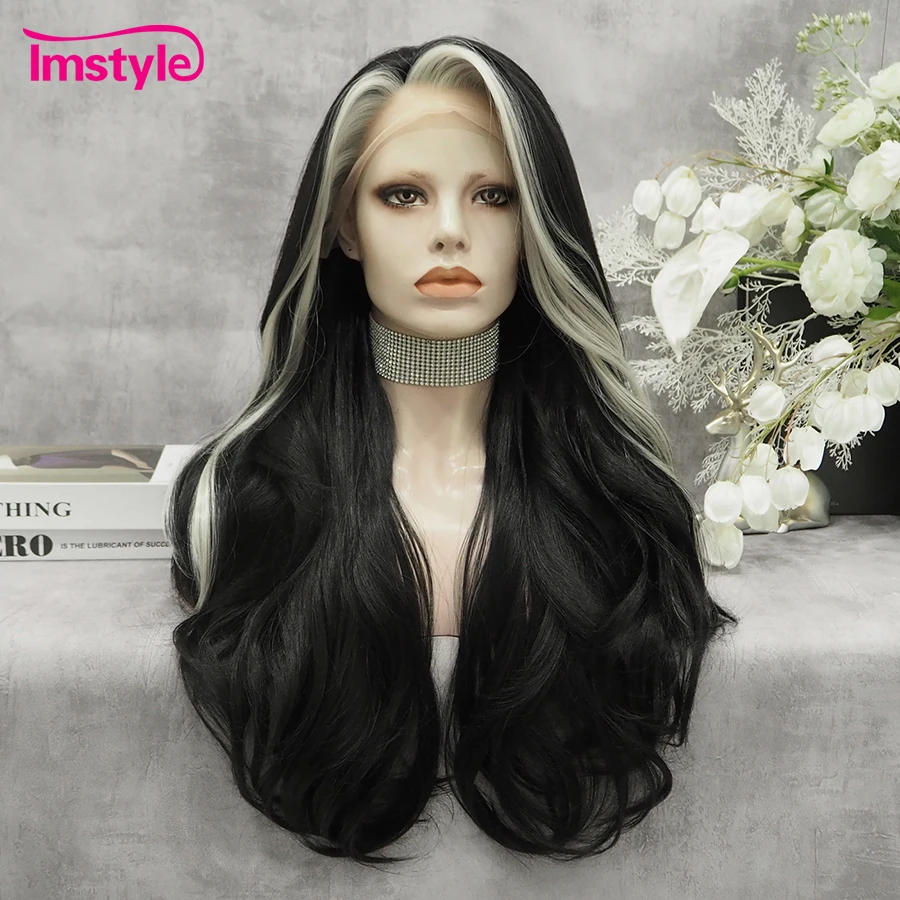 

Imstyle Black Wig Synthetic Lace Front Wig Highlight White Natural Wavy Wigs For Women Heat Resistant Fiber Long Cosplay Wig