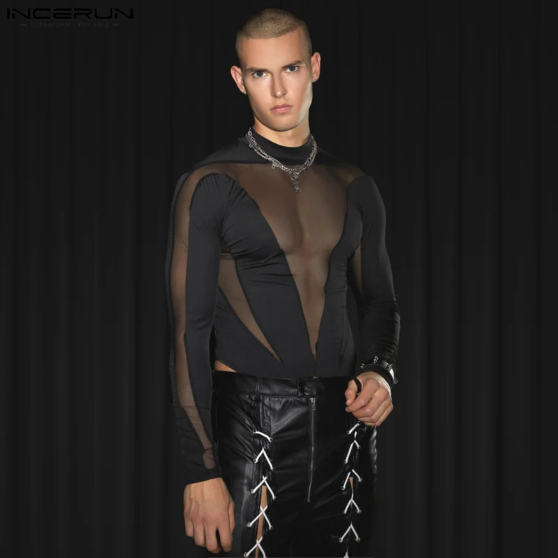 INCERUN 2023 Men Bodysuits Mesh Patchwork Turtleneck Long Sleeve Rompers Fashion Male T Shirt Transparent Streetwear Bodysuit