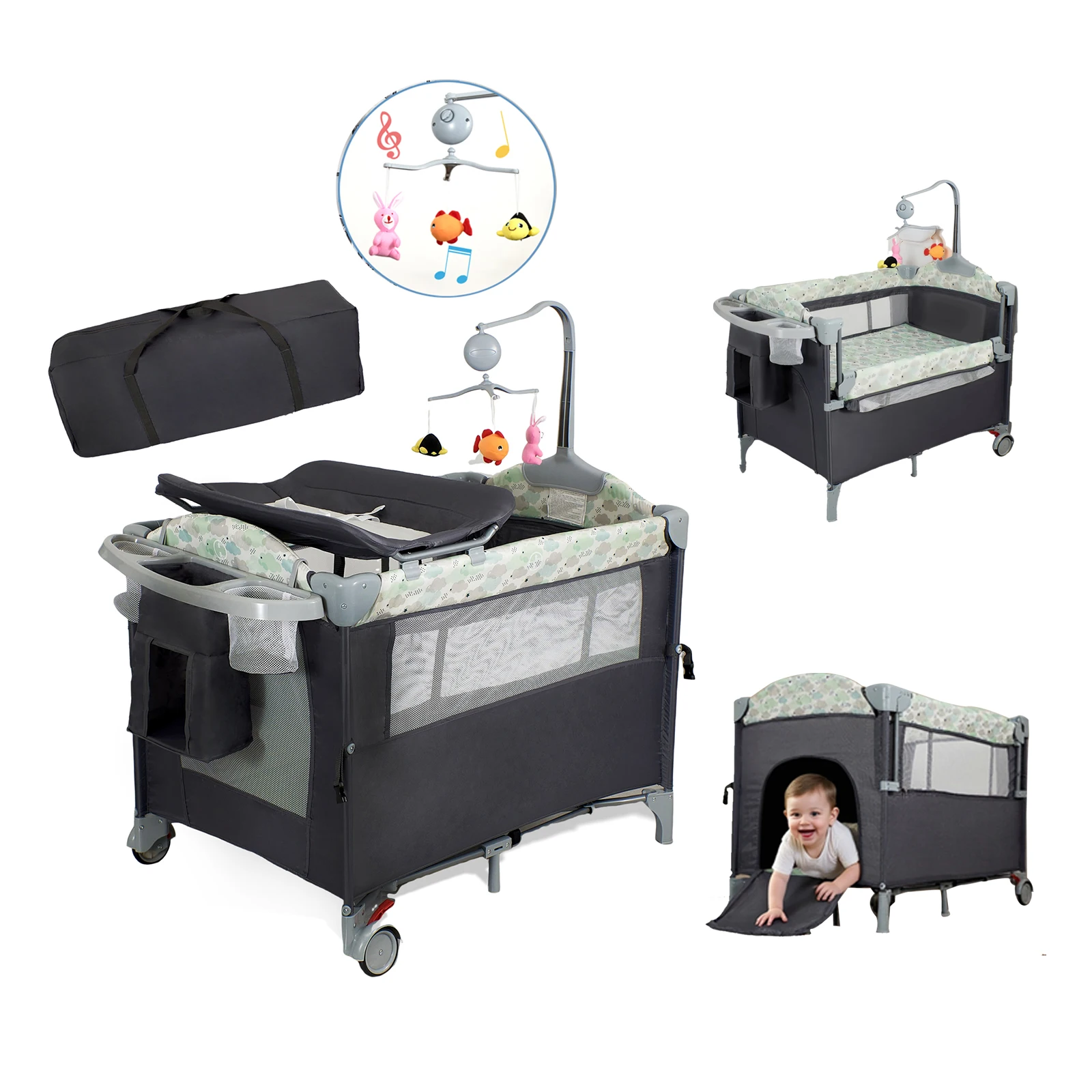 Playard with Bassinet, Pack N Play with Changing Table, Lockable Wheels, Music Box, Foldable Bedside Sleeper Suit Infant to Toddler