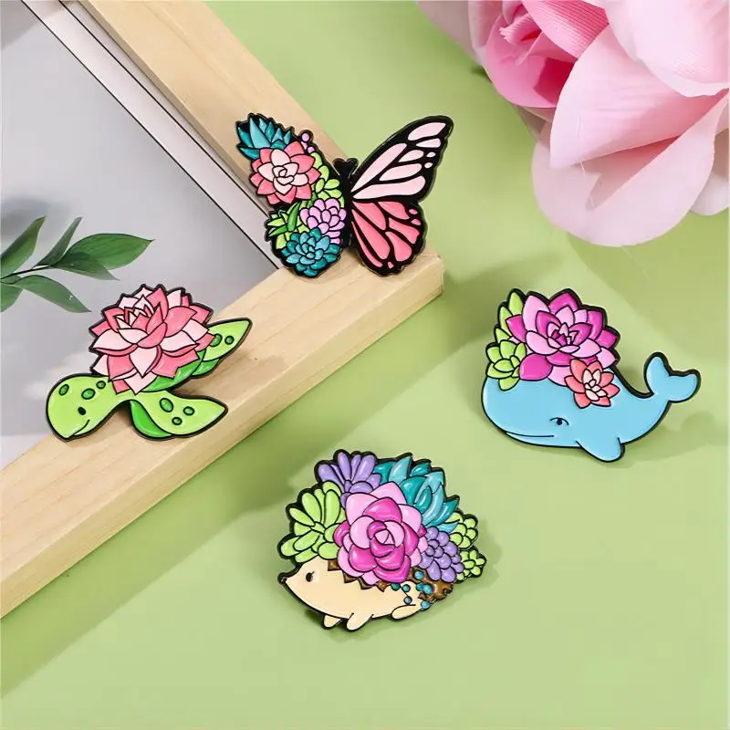 Cute Succulent Plant Enamel Brooch Cartoon Colorful Animal Butterfly Turtle Hedgehog Whale Badge Spring Summer Lapel Pin