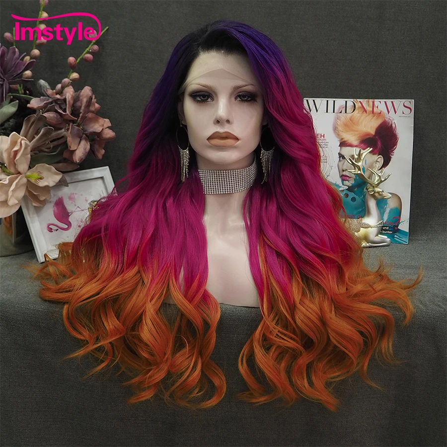 Imstyle-peluca sintética con malla frontal para mujer, cabellera larga ondulada de fibra resistente al calor, Multicolor, color morado, para fiesta