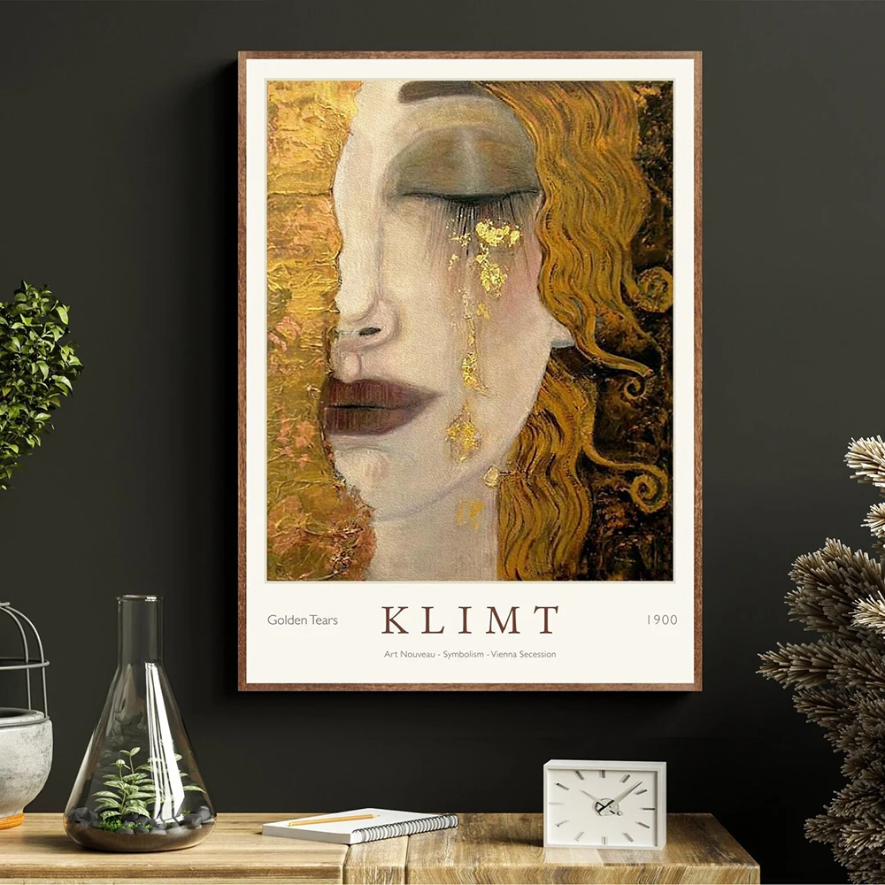 Gustav Klimt Golden Tears And Red Lips Famous Canvas Painting Exhibition Poster Wall Art Picture For Nordic Living Room Decor