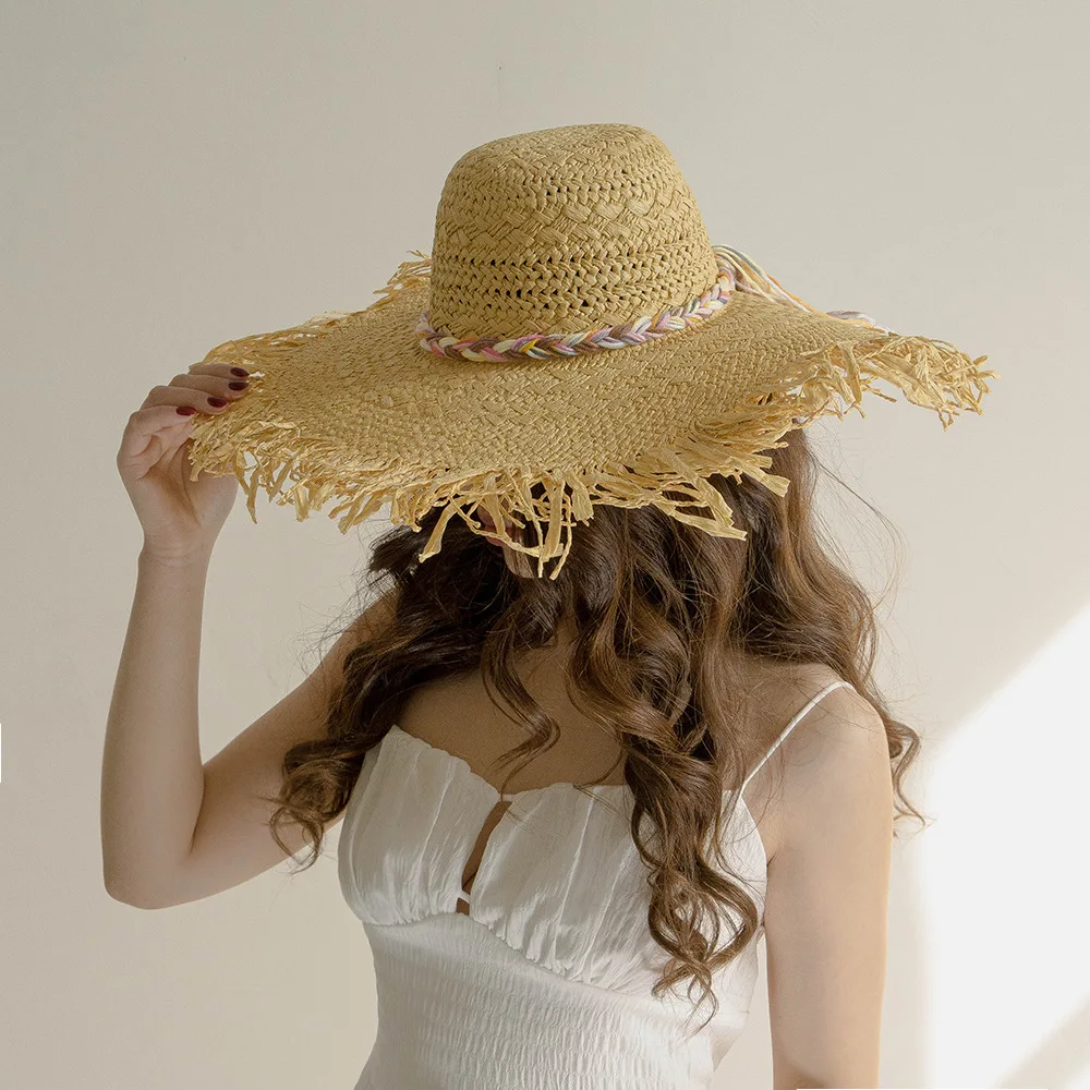 New Women Summer Hats Fringed Wide Brim Straw Hat Colorful Rope Beach Hat Dome Outdoor Sun hat for Travel Stage Performance