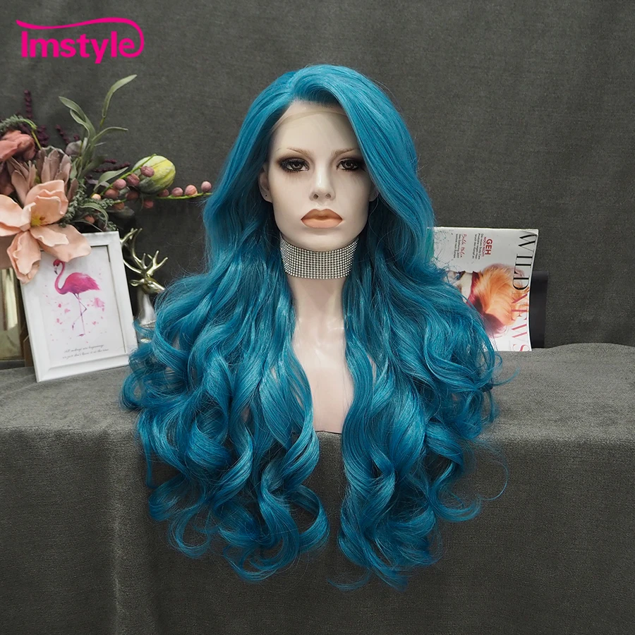 

Imstyle Blue Wig Syntehtic Lace Front Wig Long Wigs For Women Heat Resistant Fiber Natural Wavy Wig Cosplay Wig