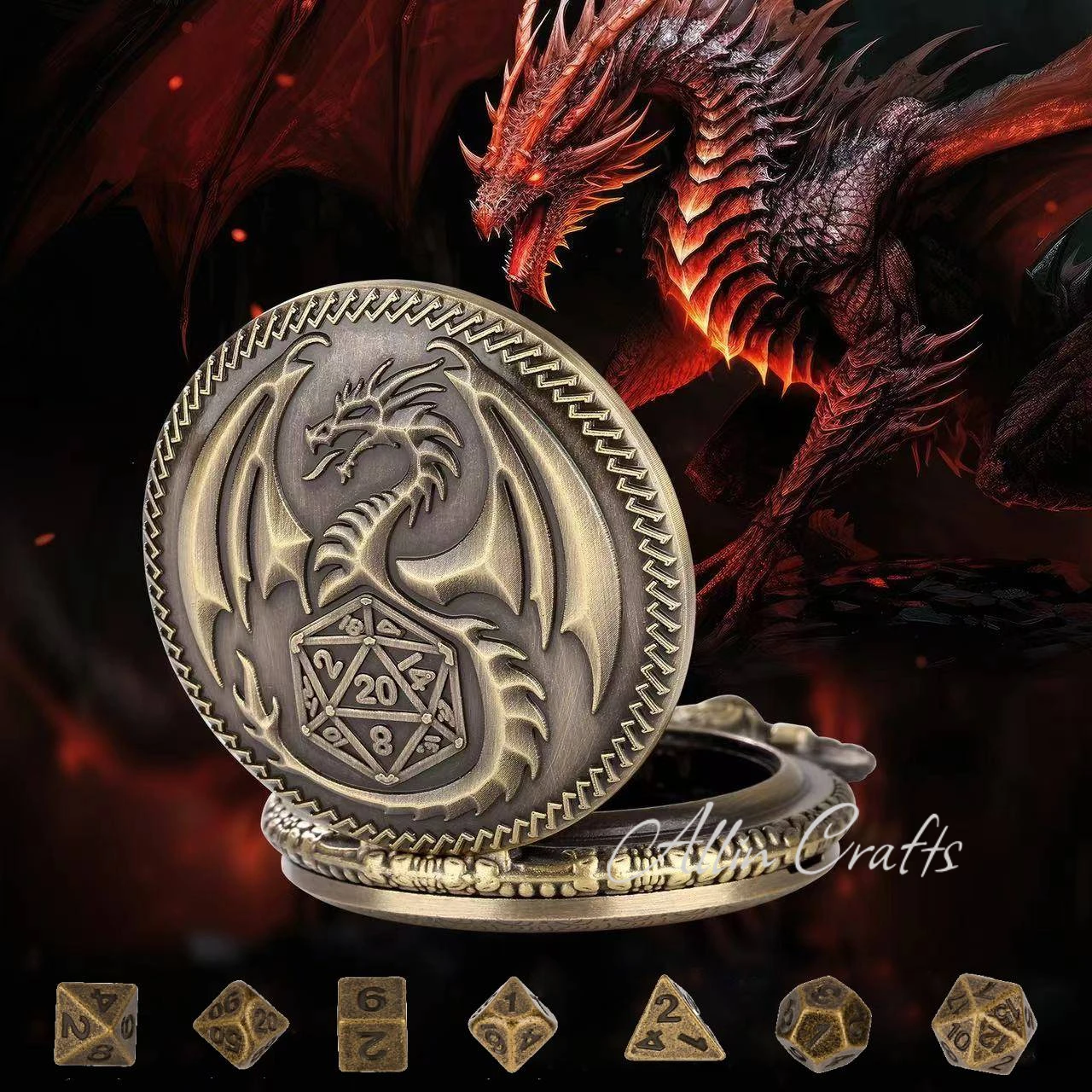 2024 New Pocket watch Dice with Mini Metal DND Dice for dnd party with 39cm chain Dragon pocket watch case DND dice Gift Pendant