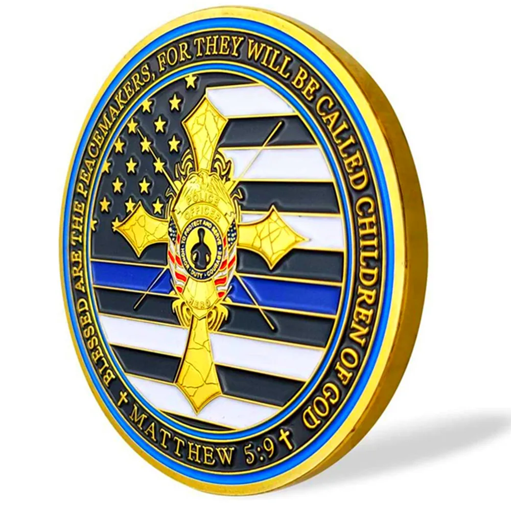 US Police Officers Thin Blue Line Flag Law Enforcement Cross Challenge Coin Matthew 59 Officers Prayer Challenge Coin Badge