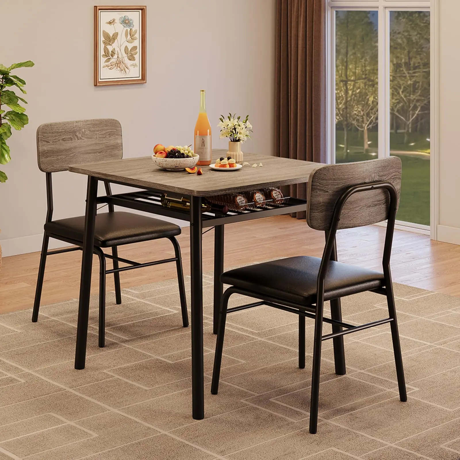 Esszimmer-Set aus Holz, 3-teilig, Küchentisch, 70 cm, platzsparend, mit Aufbewahrungsregal, Esstisch mit 68 kg Traglast für 2 Personen, für kleine Räume, 70 x 70 x 75 cm