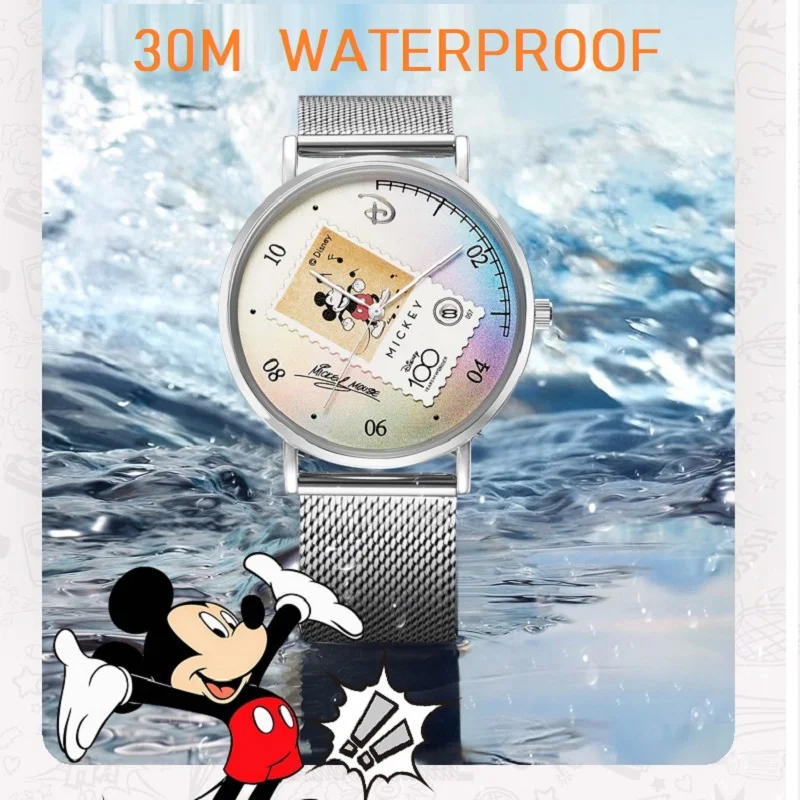 Disney Mickey Mouse Mens Casual Quartz Wristwatch 100th Anniversary Cartoon Stamp Date Display Waterproof Noctilucent Boy Clock