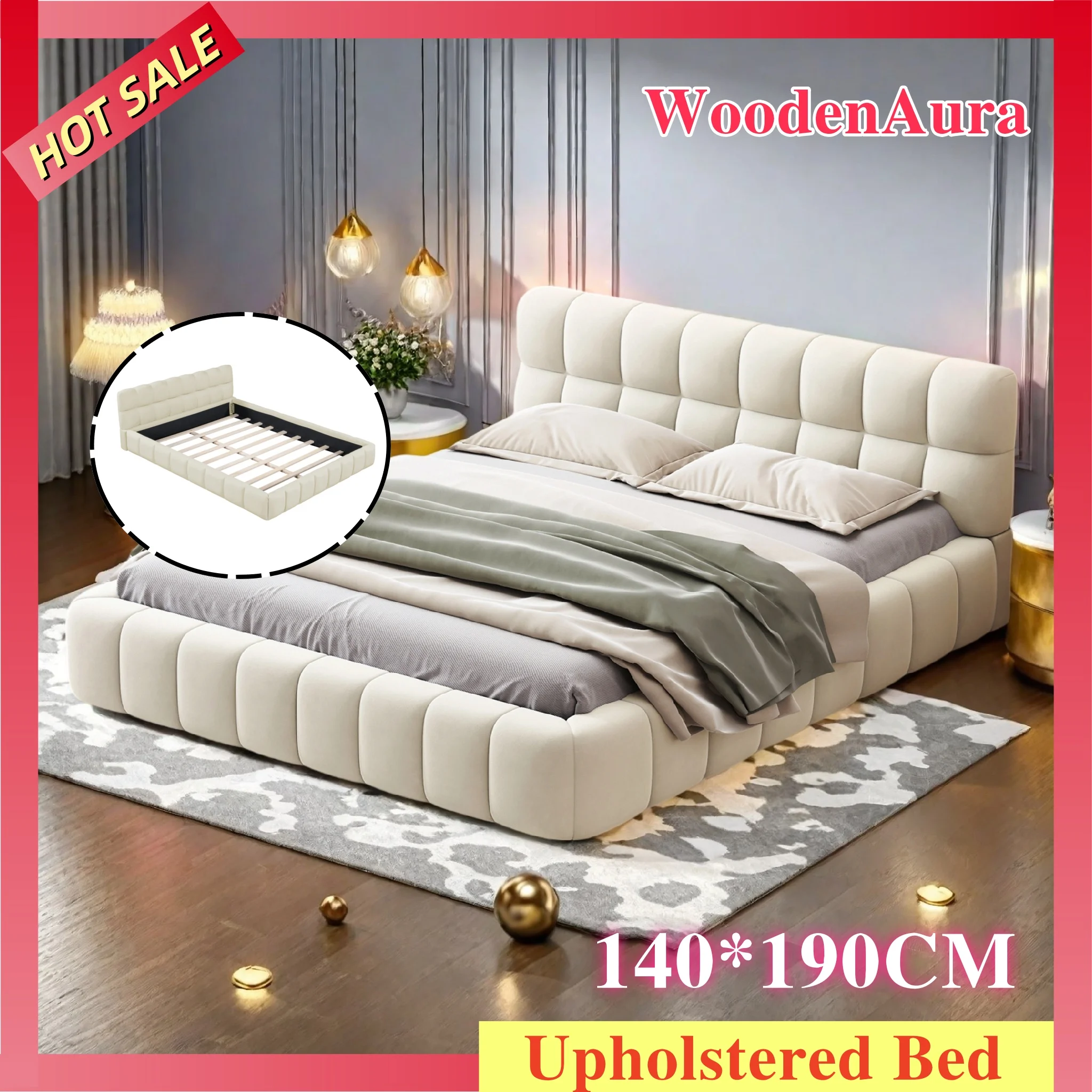 WOODENAURA Lit double 140x190 cm, lit rembourré avec sommier à lattes, cadre de lit rembourré avec tête de lit de forme unique, lin, Beige