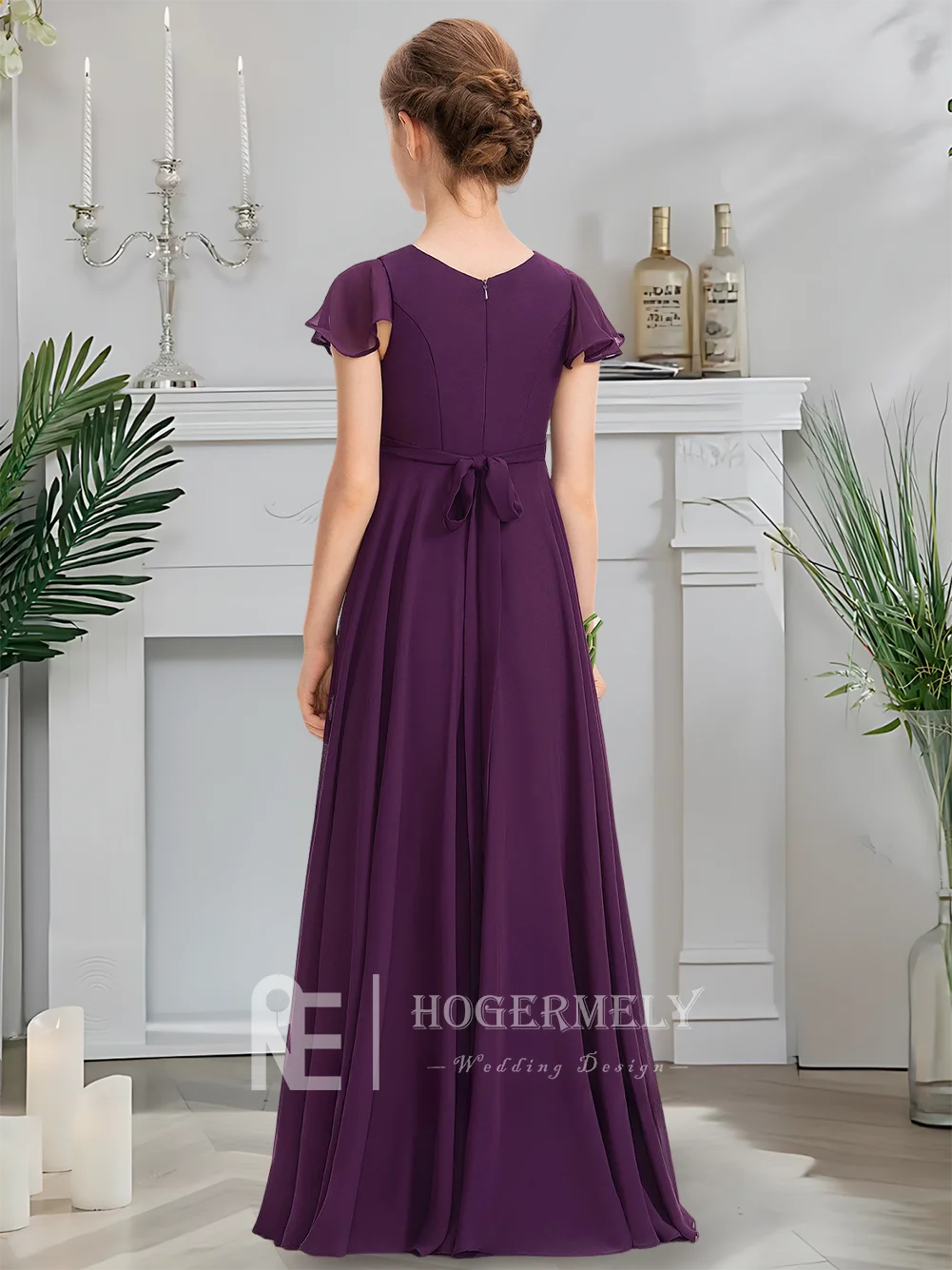 

A Luxurious V-Neck Junior Bridesmaid Dress Royal Blue Flower Girl Dress Floor-Length Chiffon With Cascading Bow Ruffles Wedding