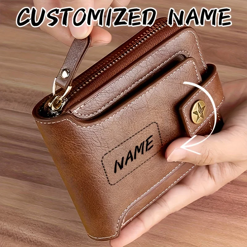 Custom Name Men's PU Wallet, Compact Metal Texture Zip Card Case with Coin Pocket, Personalized Gift, Fashion Daily Accessory view 5