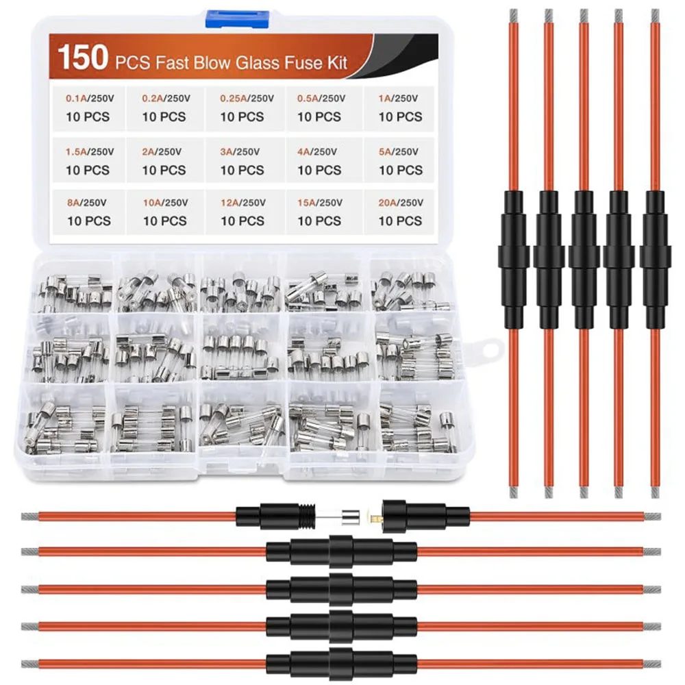 5x20 mm Fuse Holder Inline Screw Type with 16 AWG Red Wire + 150 Pcs 5x20mm Fast Blow Glass Fuses 250 V 0.1A- 20A Assortment Kit