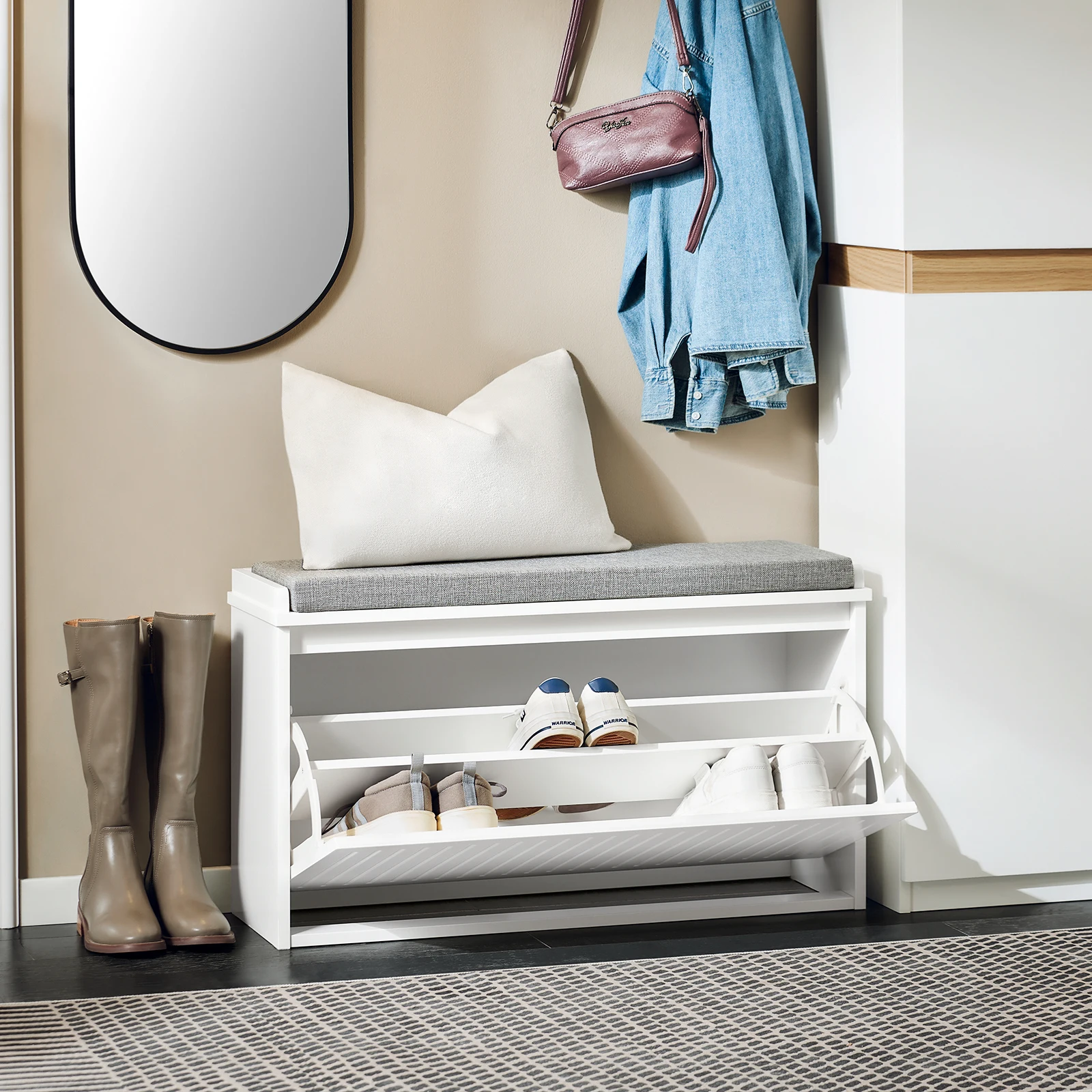 SoBuy FSR98-L Camión volquete de zapatos Mueble para zapatos con solapa Banco para zapatos con cojín de asiento Cómoda para zapatos Banco BHT aprox. 80x45x26cm