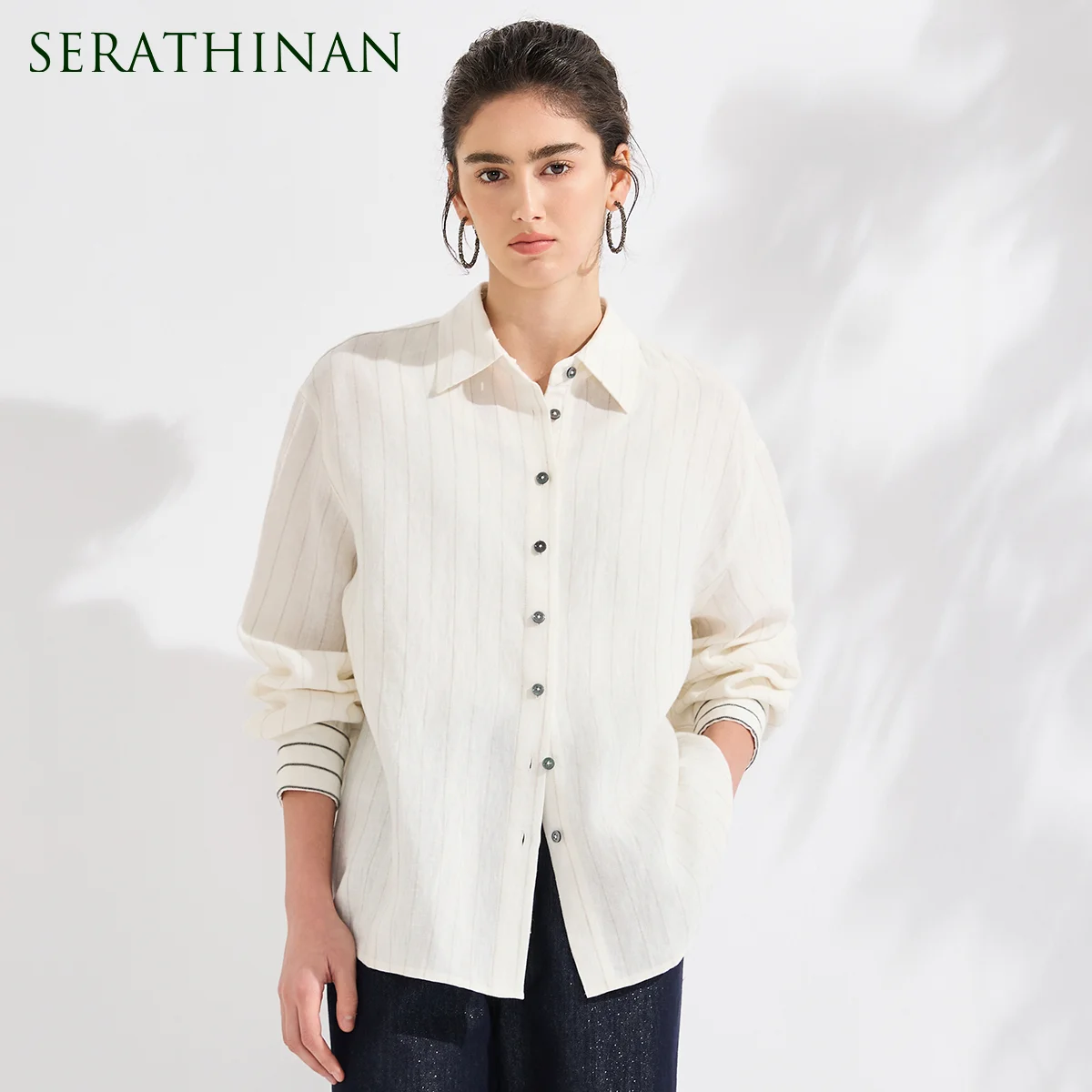 

KT9613706 High Quality Women's 100% Pure Linen Striped Blouse Design Loose Fit Button Up Shirt Luxury Casual Elegant