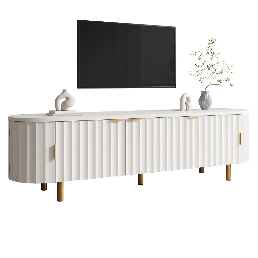 Mobile porta-TV, 170 × 40 × 47 cm, 5 ante, superficie scanalata, bordi arrotondati, realizzato in MDF, con piedini e maniglie in metallo, design semplice e moderno, colore bianco.