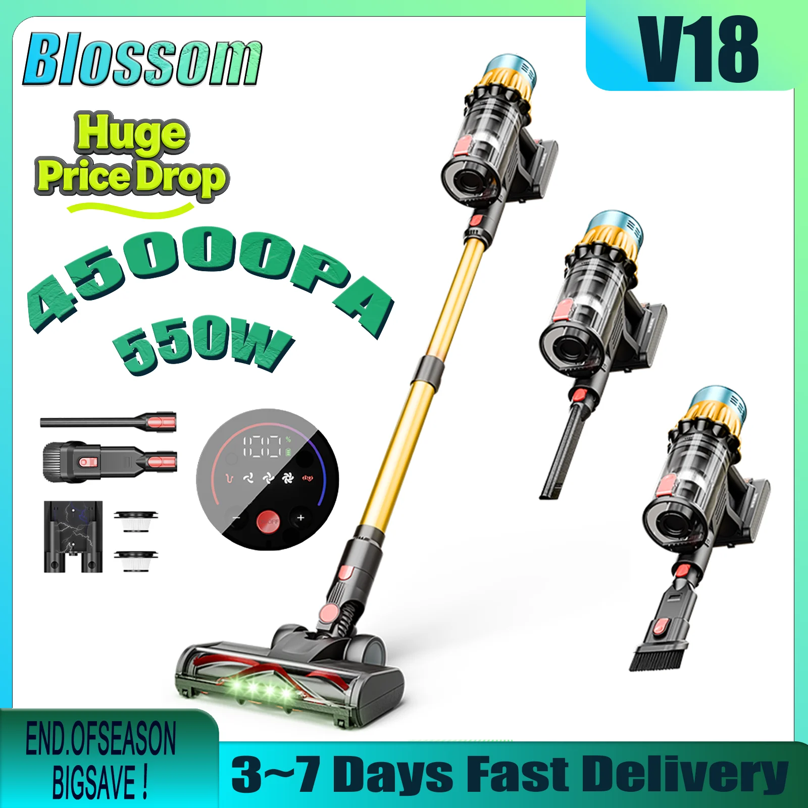 

Blossom V18 500W Cordless Vacuum Cleaner - 45KPA Strong Suction, Handheld Smart Vacuum, Removable Battery & Washable Dust Cup