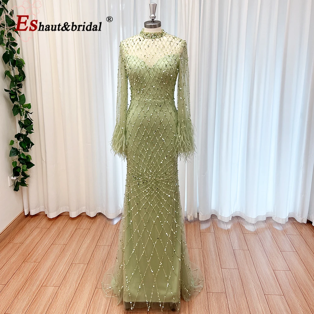 Elegant Mermaid Feather Evening Dress for Women 2024 High Neck Long Sleeves Beads Formal Prom Wedding Party Gowns Customized