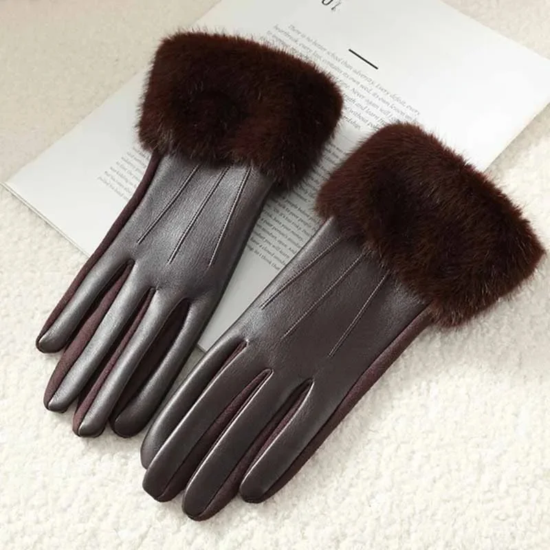 AliExpress LAOVCE Winter Luxury Women's PU Leather Gloves Wrist Soft Faux Fur Trim Cuff Fashion Elegant Party Warm Touch Screen Drive Cycling