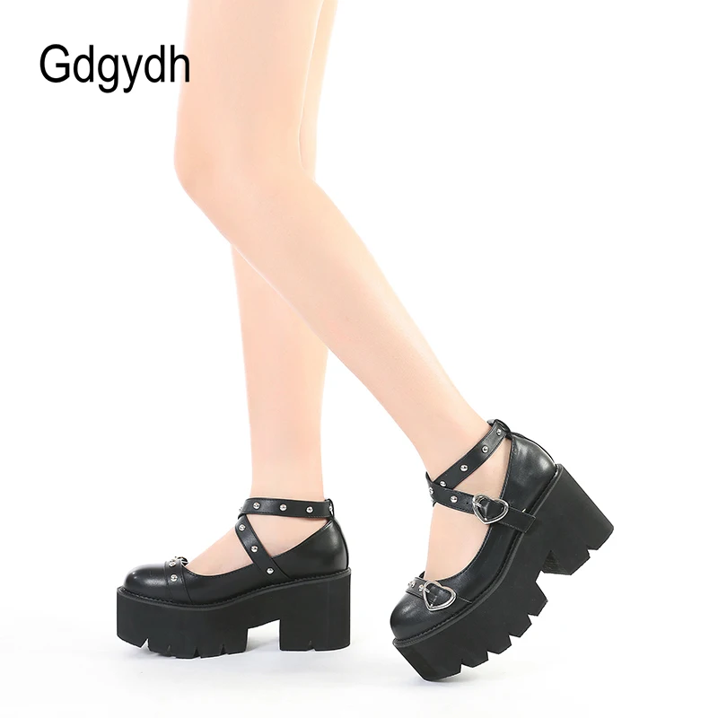 Gdgydh Gothic Lolita Shoes Platform Mary Janes for Women Round Head Thick Heel Cross Bandage Heart Buckle Kawaii Shoes Cosplay