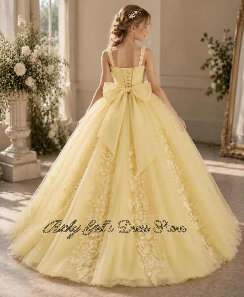 Custom Yellow Flower Girl Dress Tulle Floral Appliques For Wedding Birthday Spaghetti Straps Prom Party Banquet Princess Gown