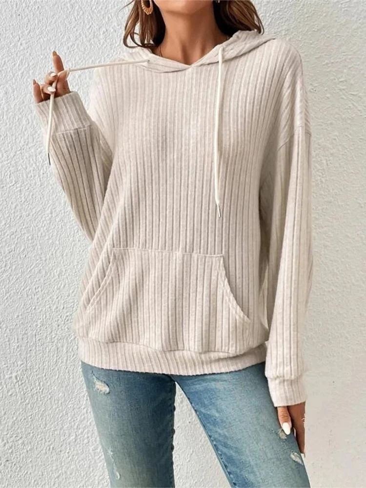 

Women Warm Long Sleeve Casual Hoodies Female Striped Knitwear Autumn Sweatshirts Lady Drawstring Hooded Kangaroo Pocket Jumper