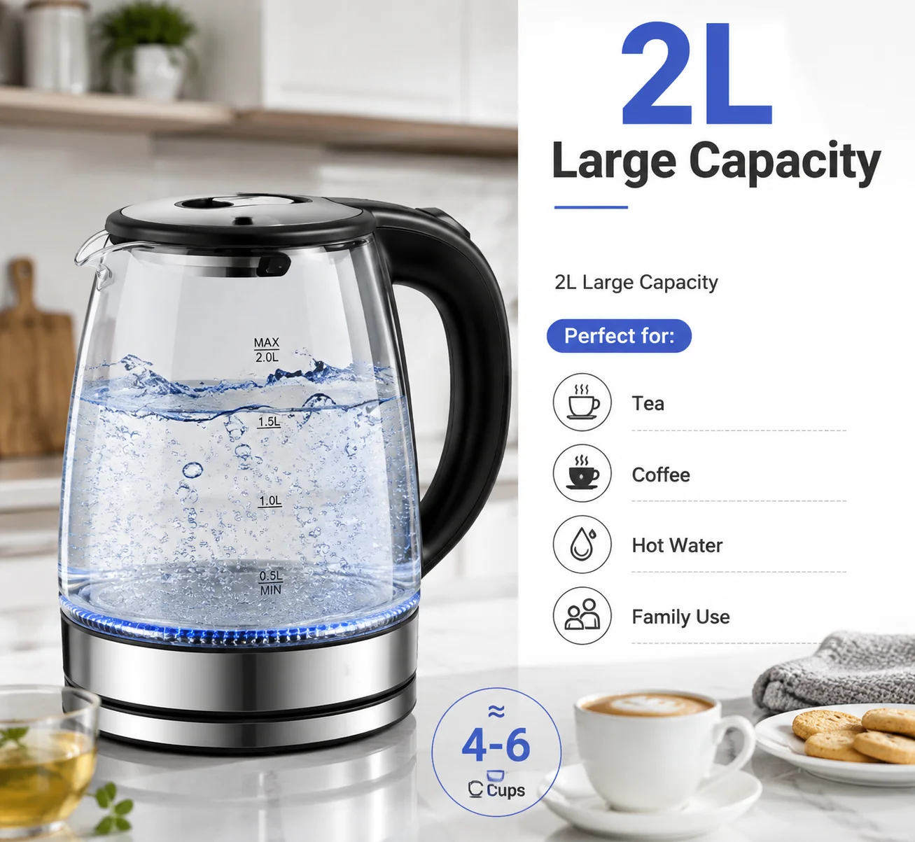 2L Glass Electric Kettle, 110V/220V Double Layer Hot Water Boiler with Auto Shut-Off, 360° Swivel Base, BPA-Free, 1000W Fast Heating, US Plug, Household Kitchen