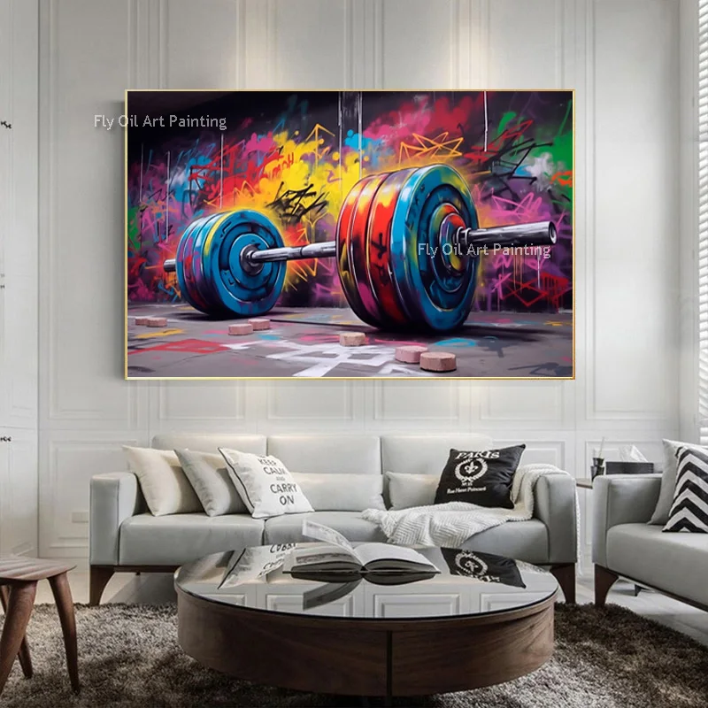 

Gym Canvas Wall Art Barbell Graffiti Oil Painting Handmade Weightlifting Sport Motivational Canvas Wall Art For Home Gym Decor
