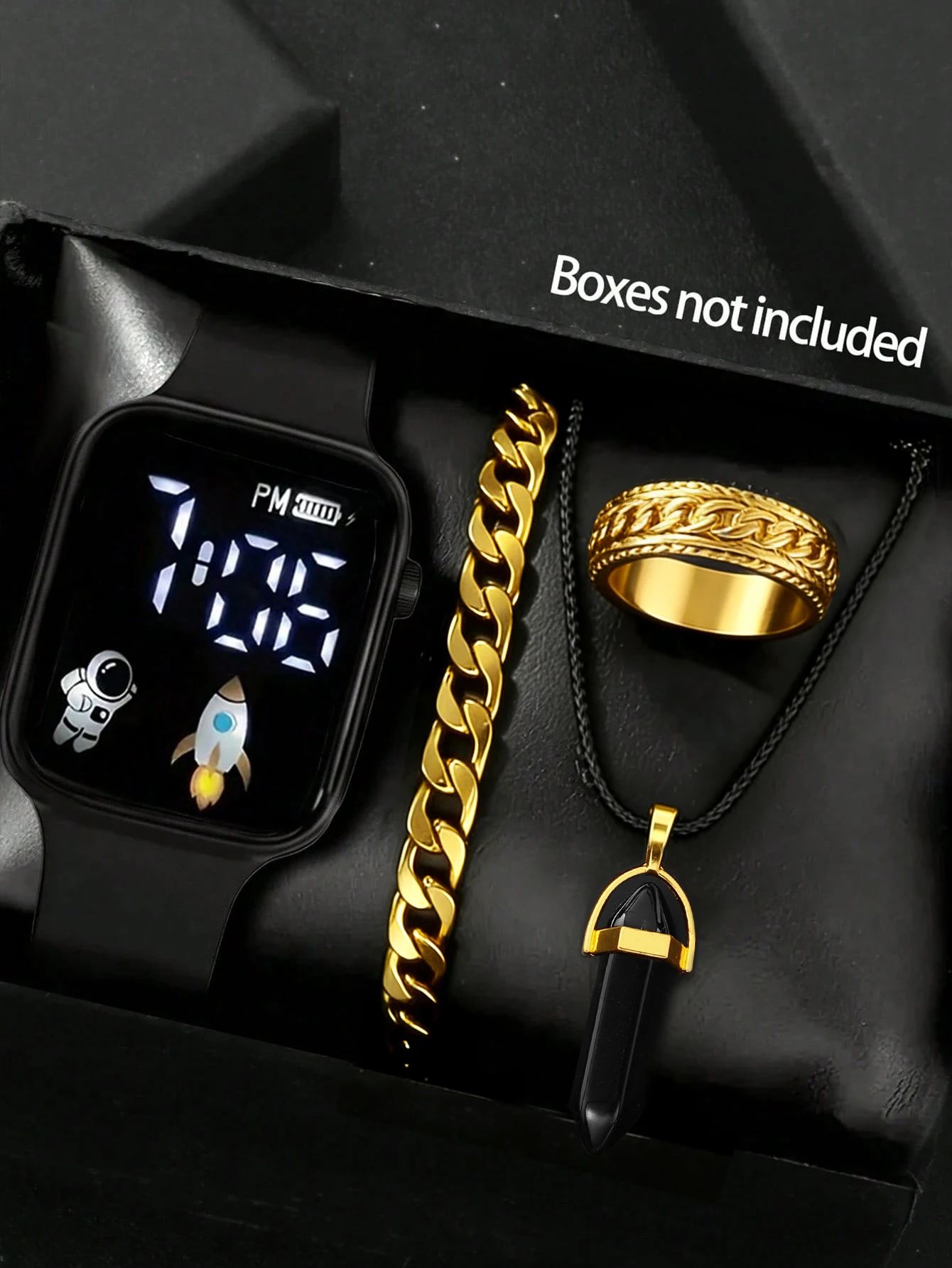

Rectangular Electronic Watch with Bracelet Necklace Ring Set Cylindrical Polygon Pendant Rocket Glow Pattern Daily Elegant Gift